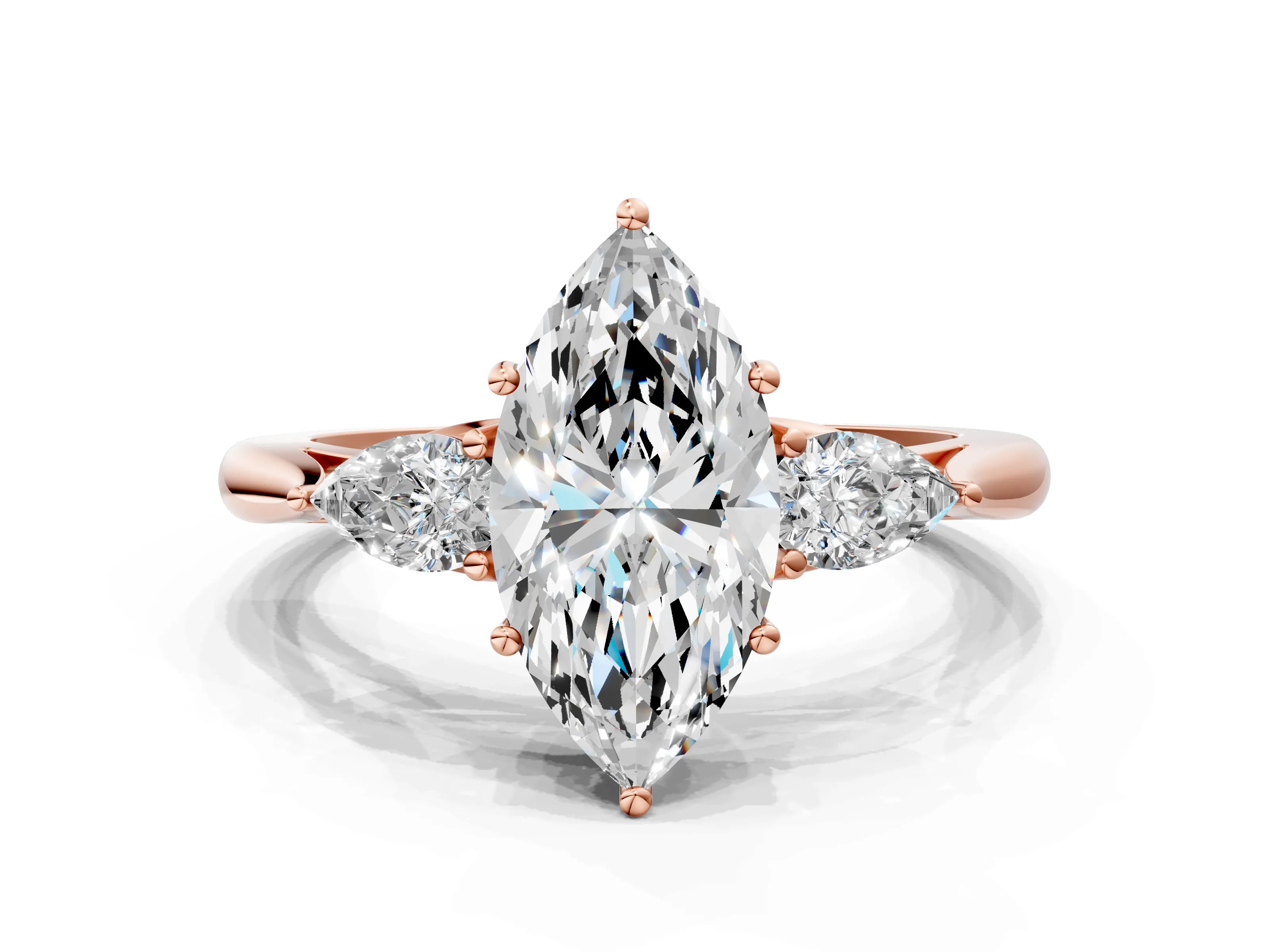 Rose gold Marquise Cut Diamond Three-Stone Ring with Pear with Moissanite side stone Side Stones and Prong Setting