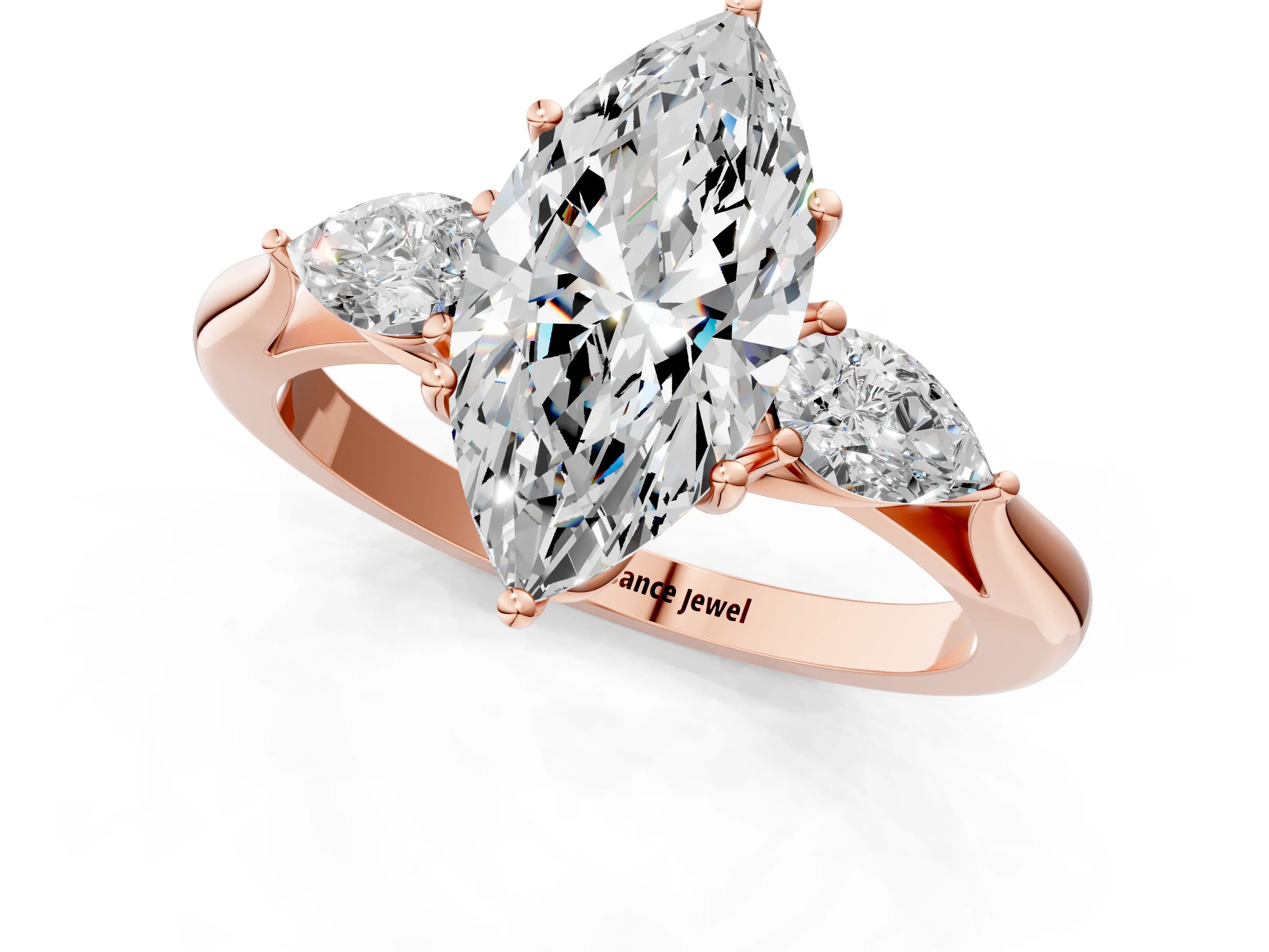 Rose gold Marquise Cut Diamond Three-Stone Ring with Pear with Moissanite side stone Side Stones and Prong Setting_1