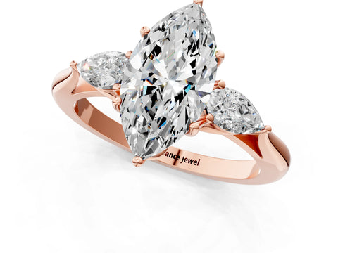 Rose gold Marquise Cut Diamond Three-Stone Ring with Pear with Moissanite side stone Side Stones and Prong Setting_1