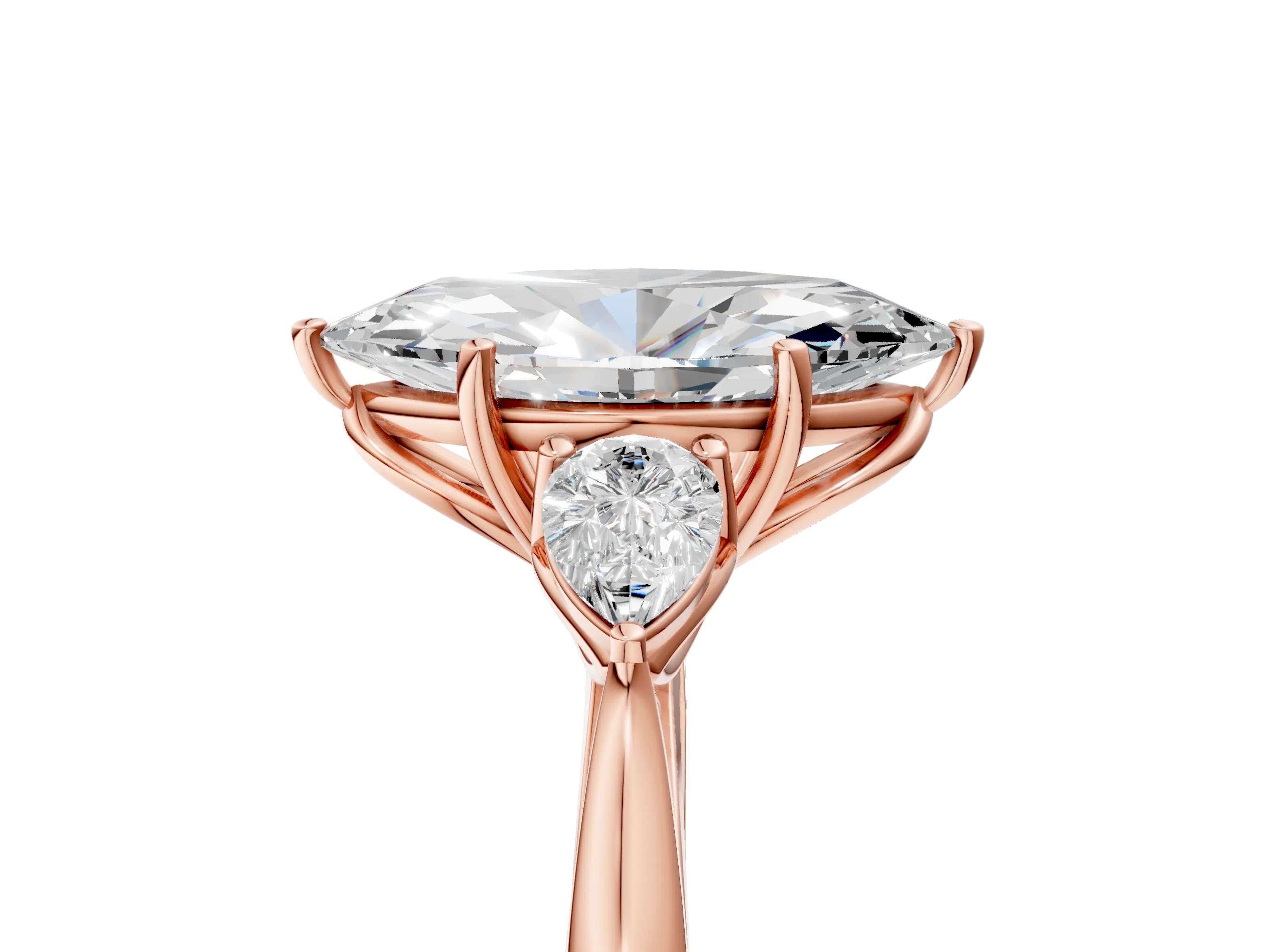Rose gold Marquise Cut Diamond Three-Stone Ring with Pear with Moissanite side stone Side Stones and Prong Setting_5