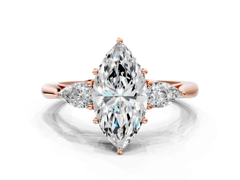 Rose gold Marquise Cut Diamond Three-Stone Ring with Pear with Moissanite side stone Side Stones and Prong Setting