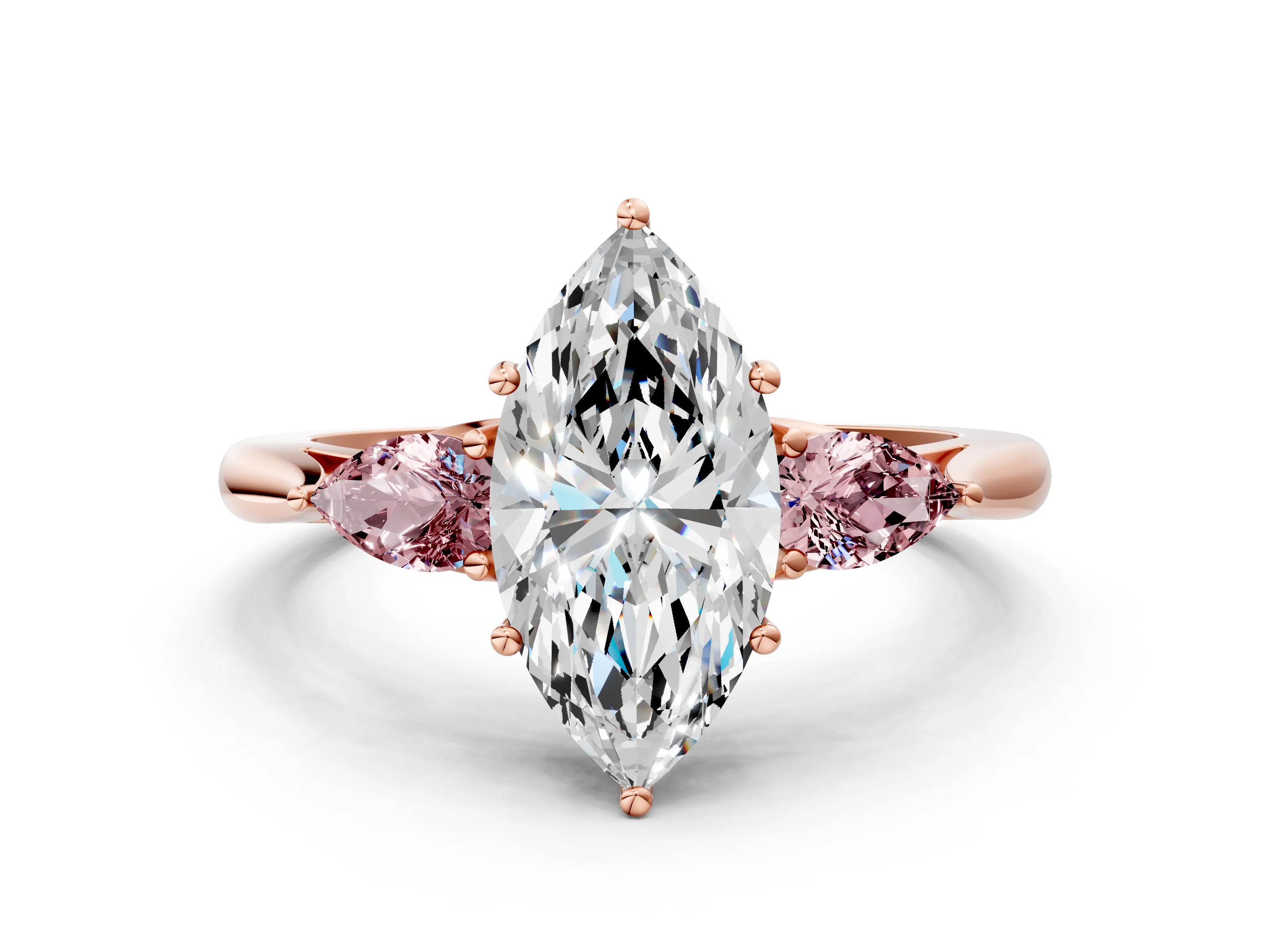 Rose gold Marquise Cut Diamond Three-Stone Ring with Pear with Morganite side stone Side Stones and Prong Setting