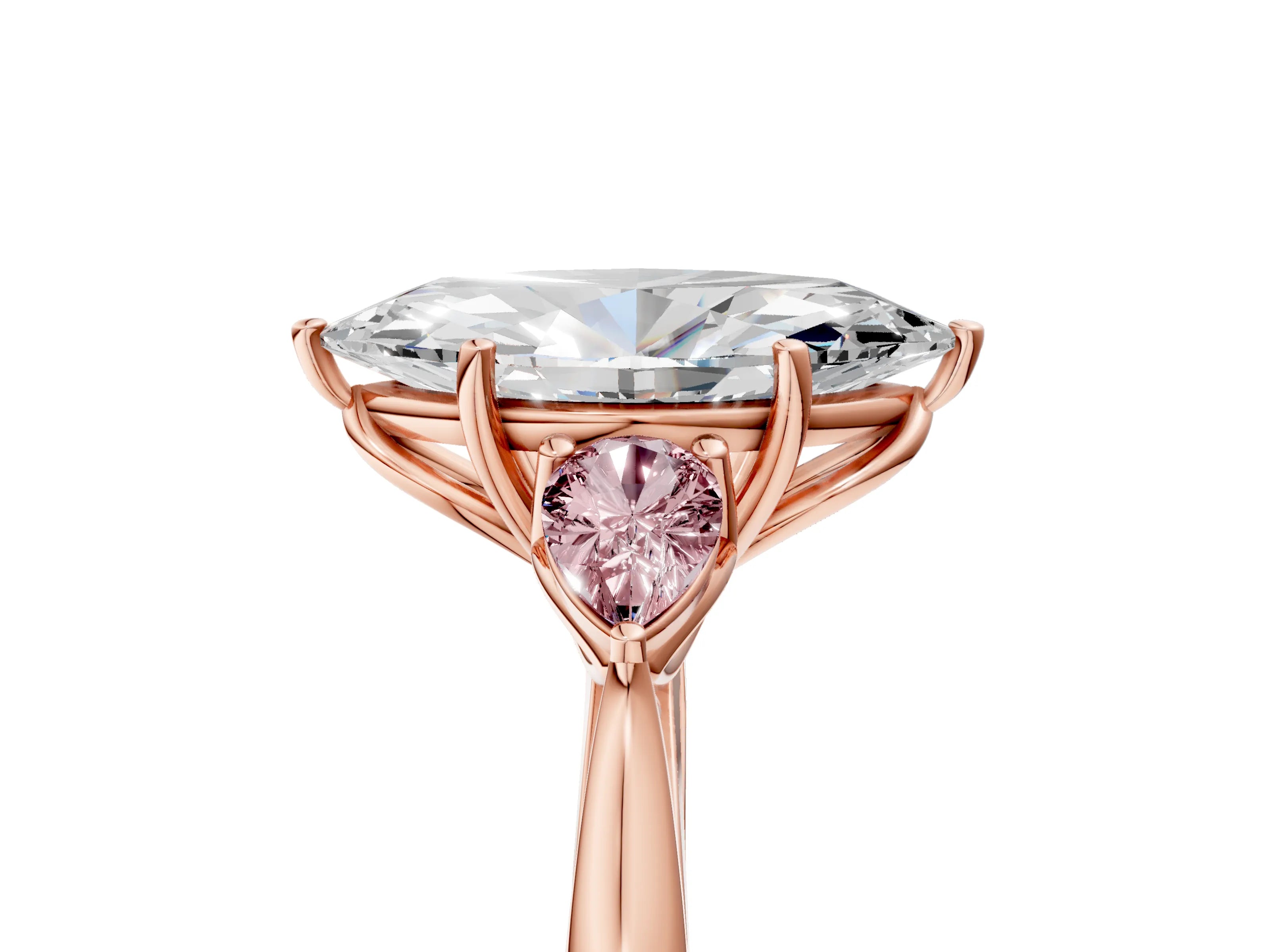Rose gold Marquise Cut Diamond Three-Stone Ring with Pear with Morganite side stone Side Stones and Prong Setting_5