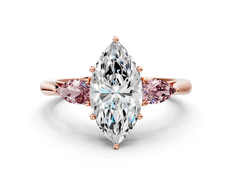 Rose gold Marquise Cut Diamond Three-Stone Ring with Pear with Morganite side stone Side Stones and Prong Setting