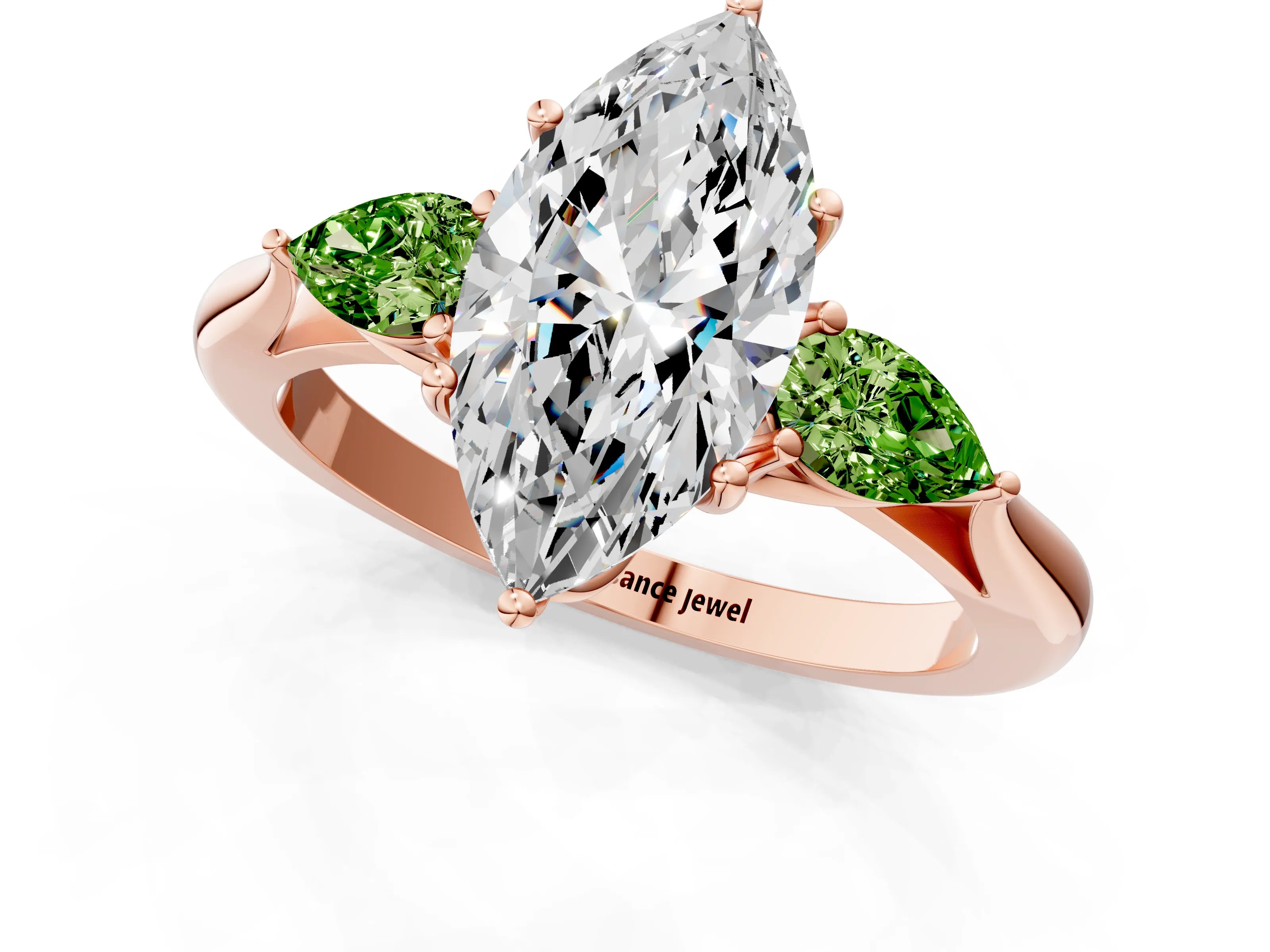 Rose gold Marquise Cut Diamond Three-Stone Ring with Pear with Peridot side stone Side Stones and Prong Setting_1