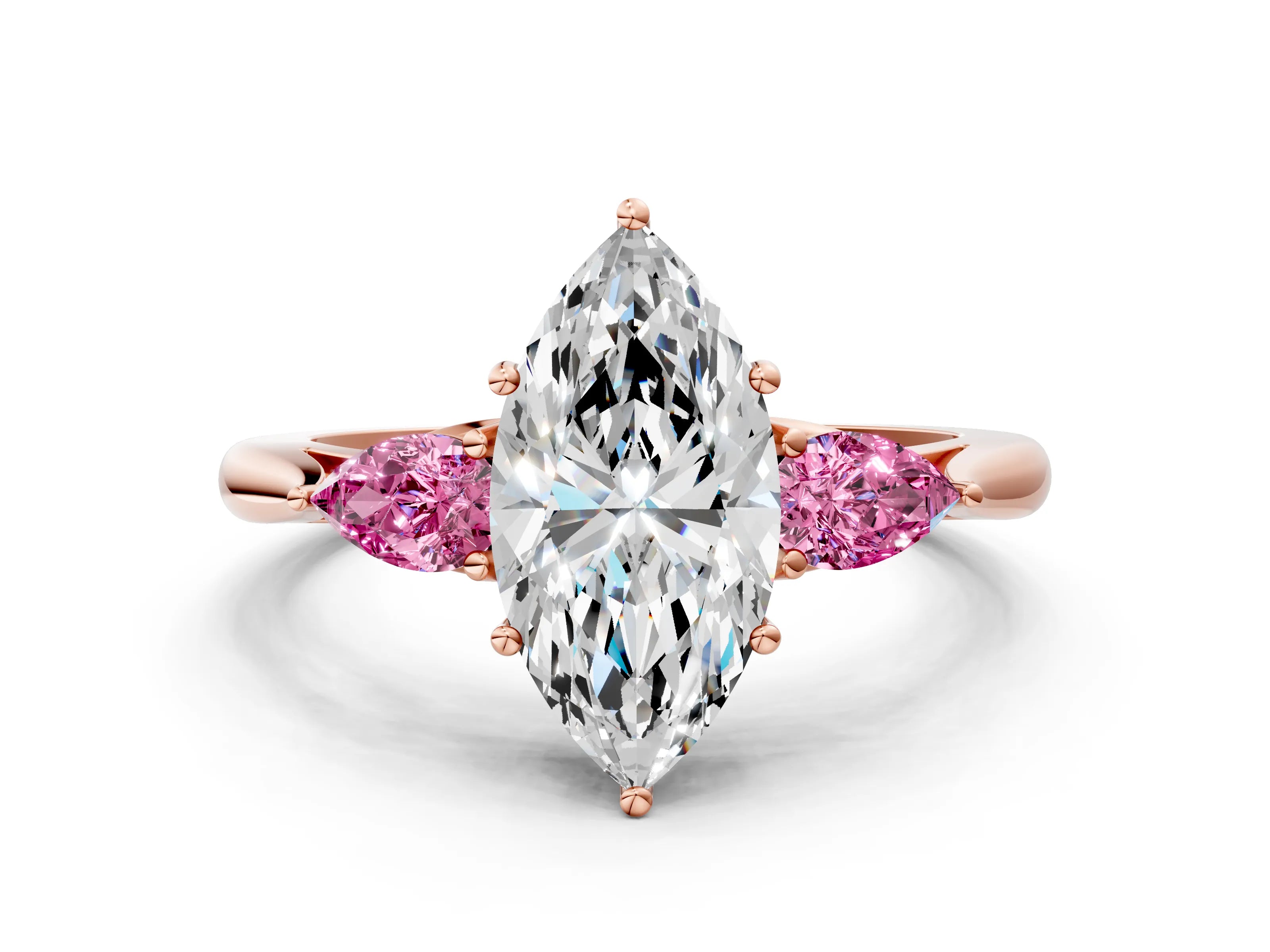 Rose gold Marquise Cut Diamond Three-Stone Ring with Pear with Pink Sapphire side stone Side Stones and Prong Setting