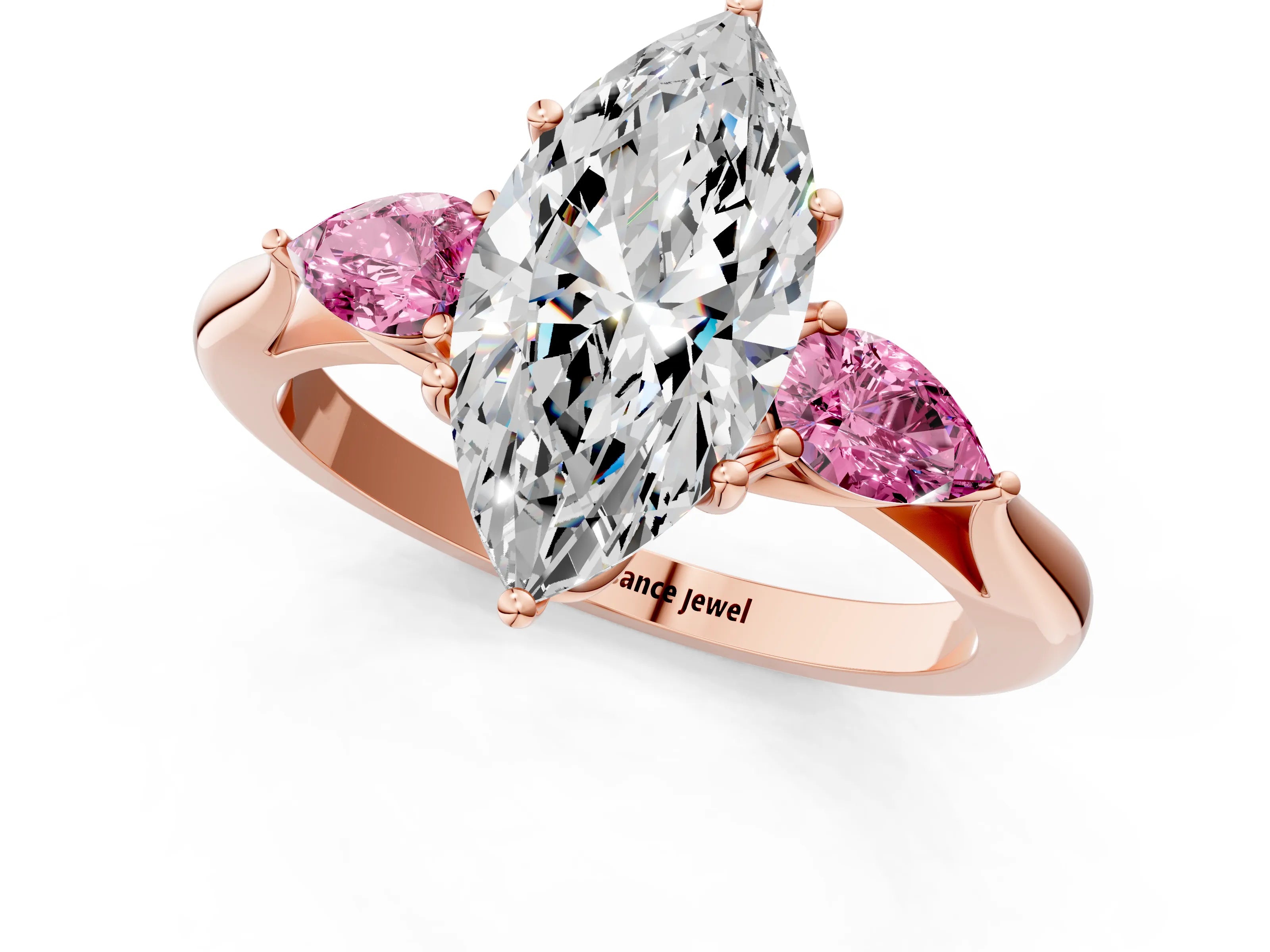 Rose gold Marquise Cut Diamond Three-Stone Ring with Pear with Pink Sapphire side stone Side Stones and Prong Setting_1