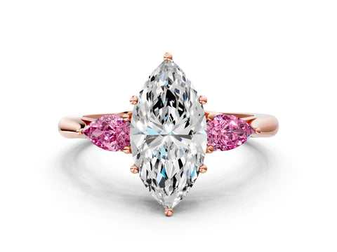 Rose gold Marquise Cut Diamond Three-Stone Ring with Pear with Pink Sapphire side stone Side Stones and Prong Setting