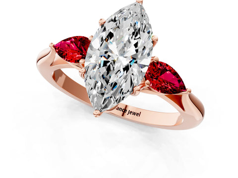 Rose gold Marquise Cut Diamond Three-Stone Ring with Pear with Ruby side stone Side Stones and Prong Setting_1