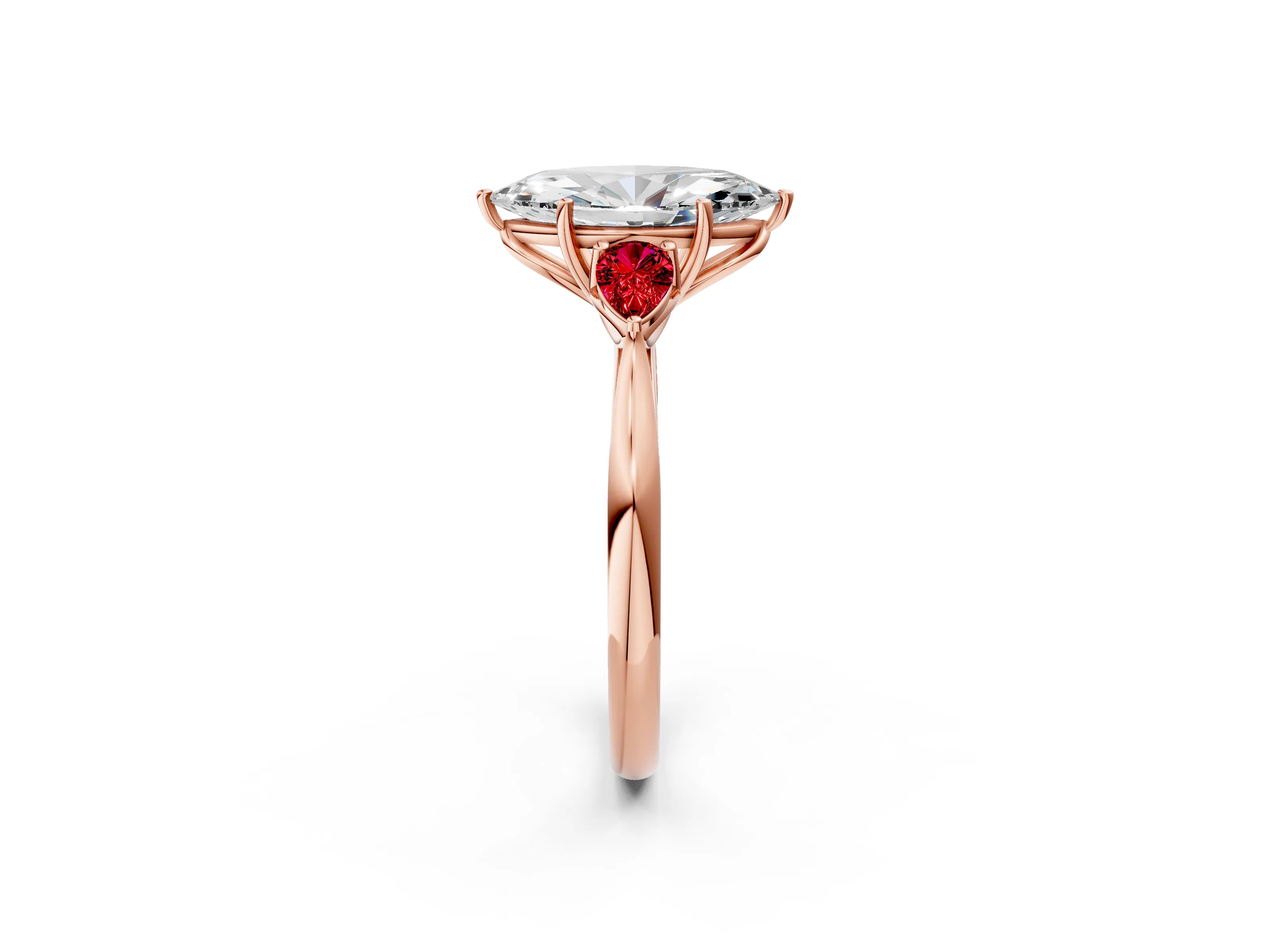 Rose gold Marquise Cut Diamond Three-Stone Ring with Pear with Ruby side stone Side Stones and Prong Setting_2