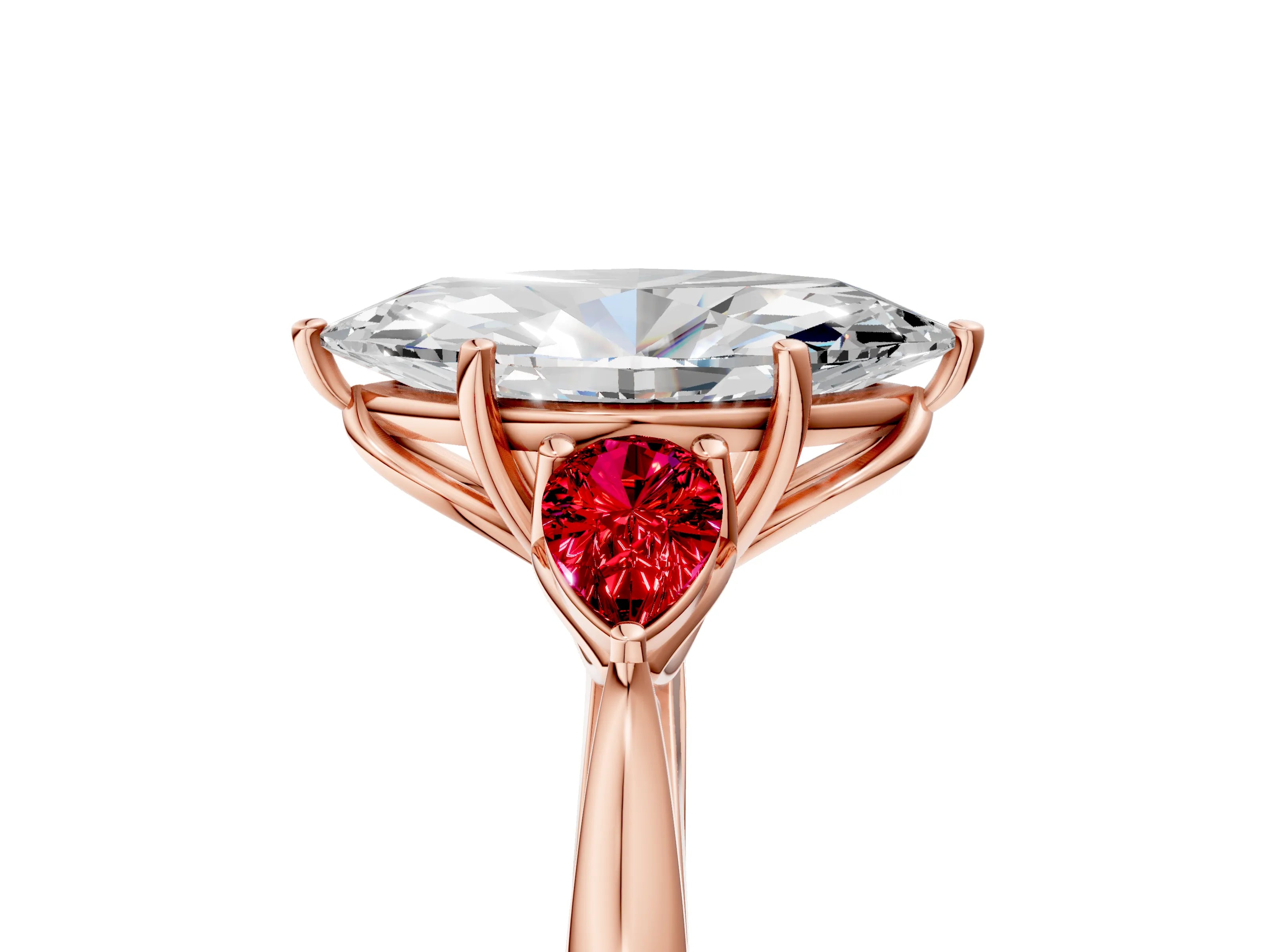 Rose gold Marquise Cut Diamond Three-Stone Ring with Pear with Ruby side stone Side Stones and Prong Setting_5