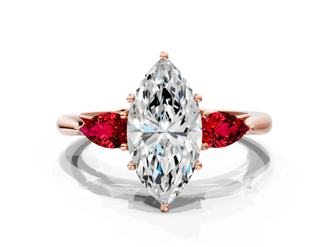 Rose gold Marquise Cut Diamond Three-Stone Ring with Pear with Ruby side stone Side Stones and Prong Setting