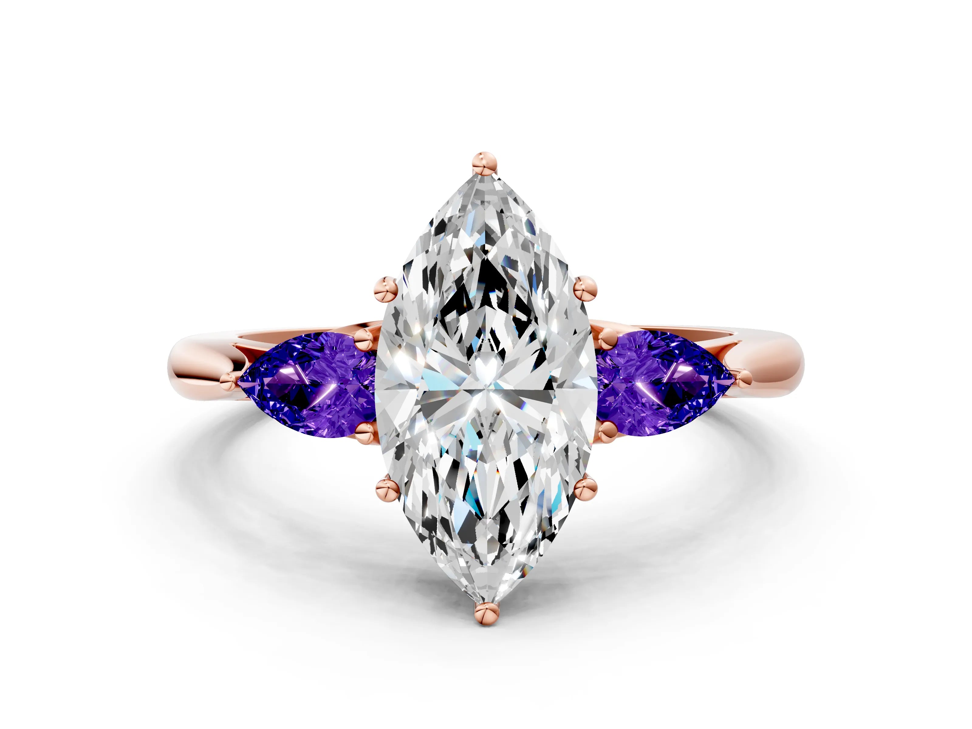 Rose gold Marquise Cut Diamond Three-Stone Ring with Pear with Tanzanite side stone Side Stones and Prong Setting