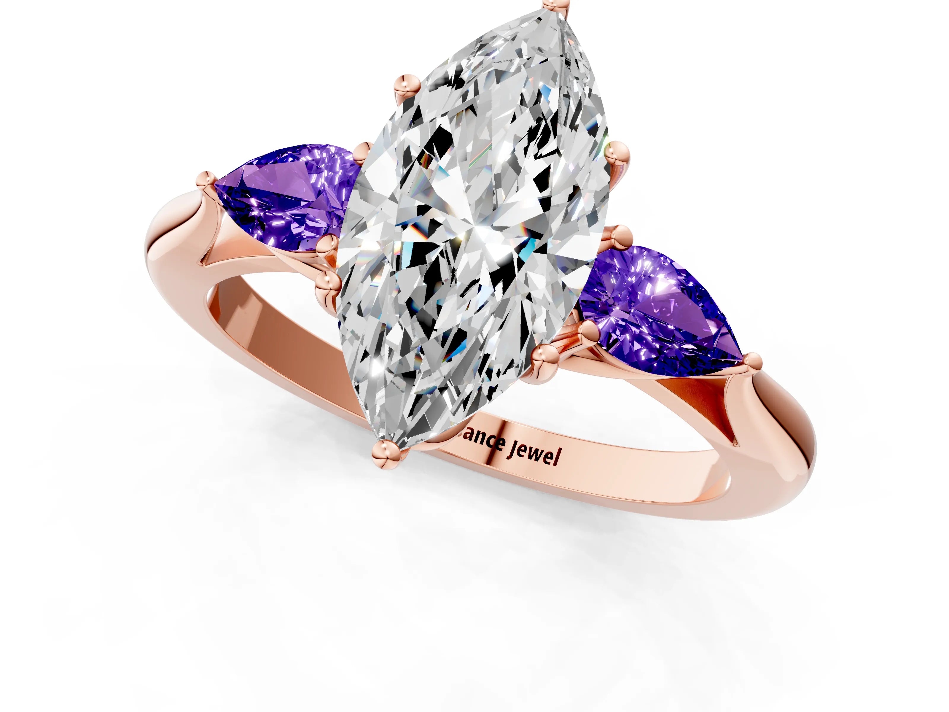 Rose gold Marquise Cut Diamond Three-Stone Ring with Pear with Tanzanite side stone Side Stones and Prong Setting_1