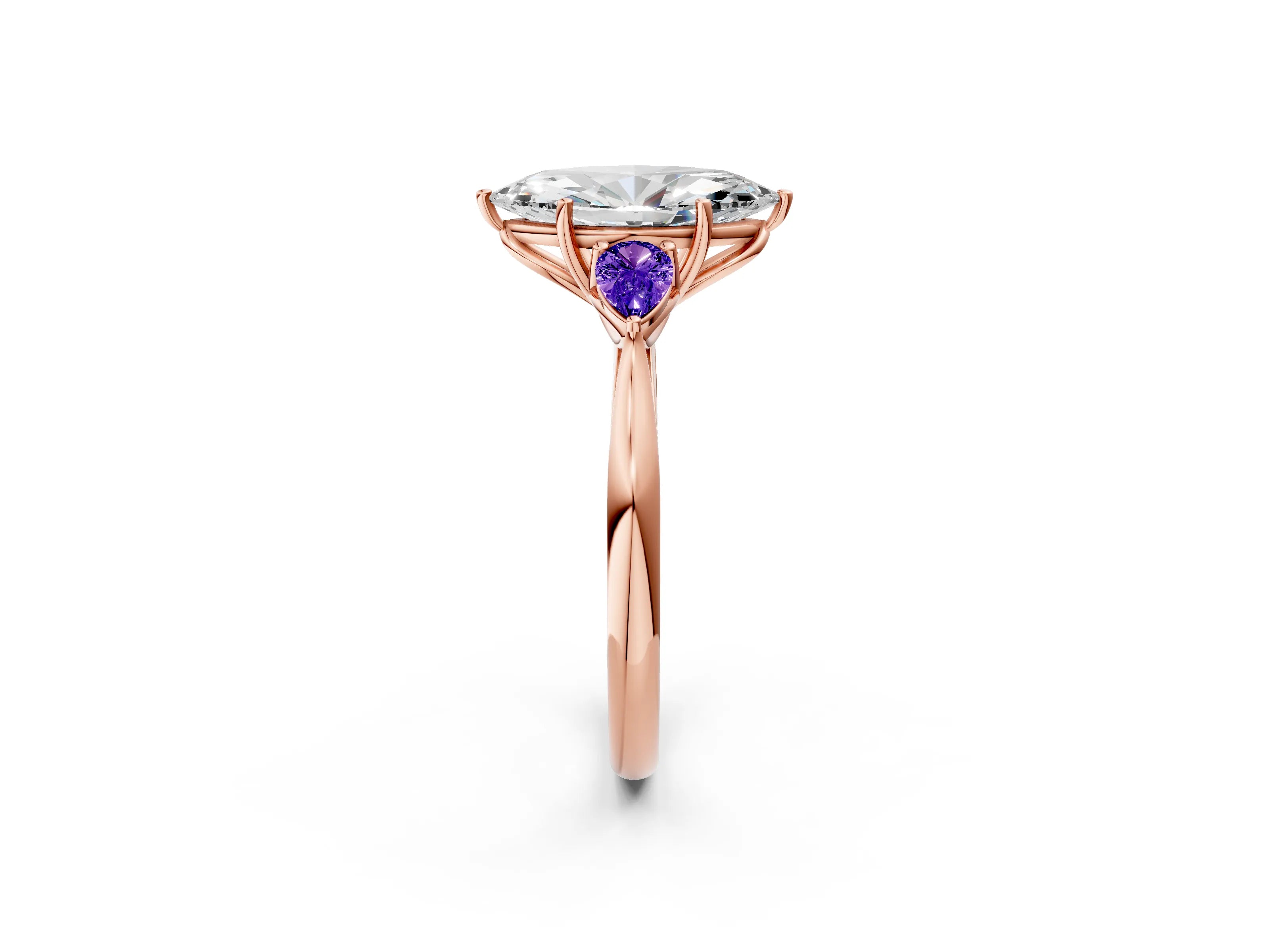 Rose gold Marquise Cut Diamond Three-Stone Ring with Pear with Tanzanite side stone Side Stones and Prong Setting_2