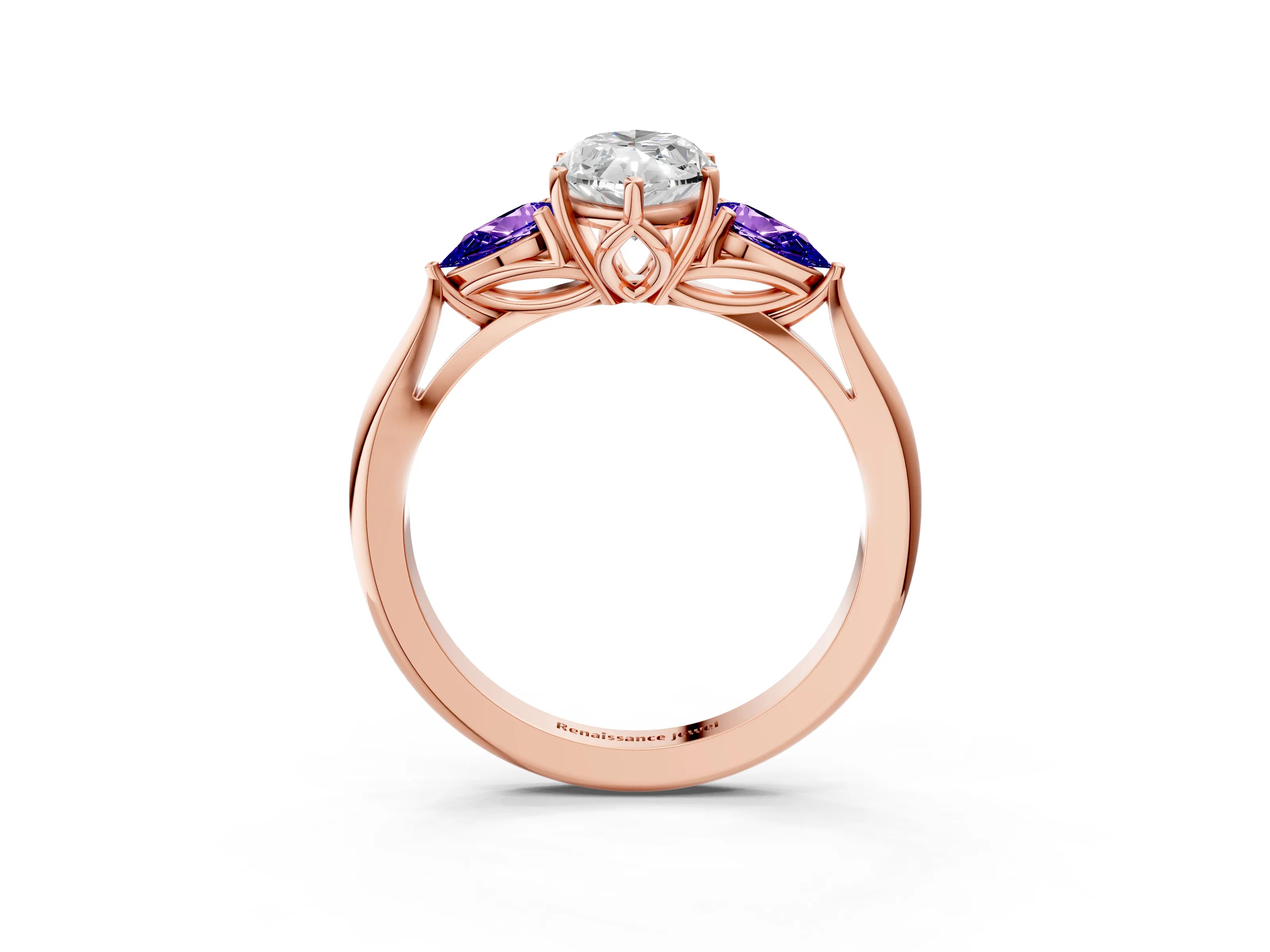 Rose gold Marquise Cut Diamond Three-Stone Ring with Pear with Tanzanite side stone Side Stones and Prong Setting_3
