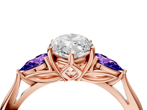 Rose gold Marquise Cut Diamond Three-Stone Ring with Pear with Tanzanite side stone Side Stones and Prong Setting_4