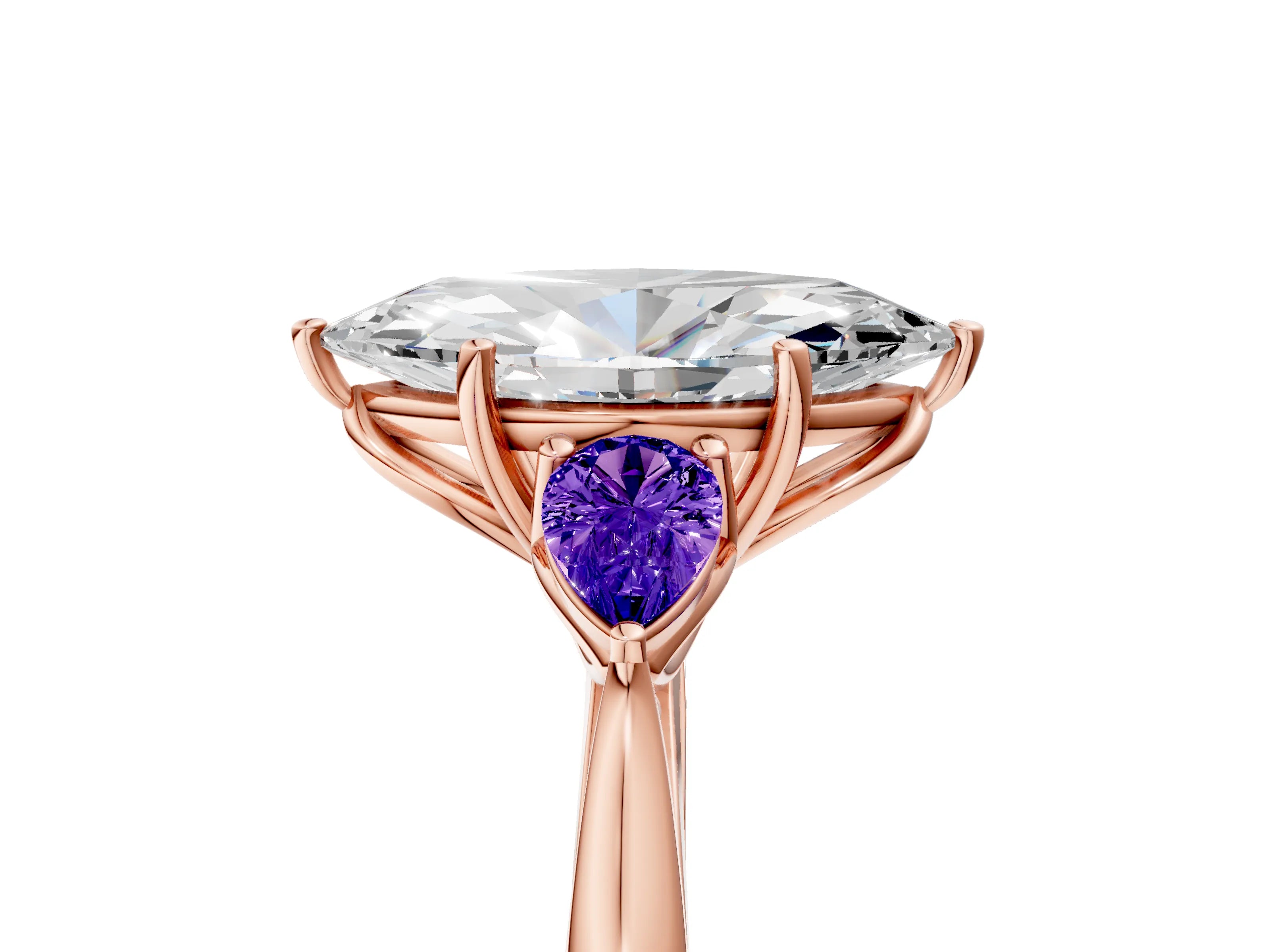 Rose gold Marquise Cut Diamond Three-Stone Ring with Pear with Tanzanite side stone Side Stones and Prong Setting_5