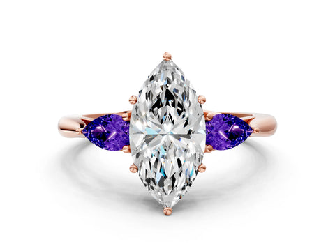 Rose gold Marquise Cut Diamond Three-Stone Ring with Pear with Tanzanite side stone Side Stones and Prong Setting