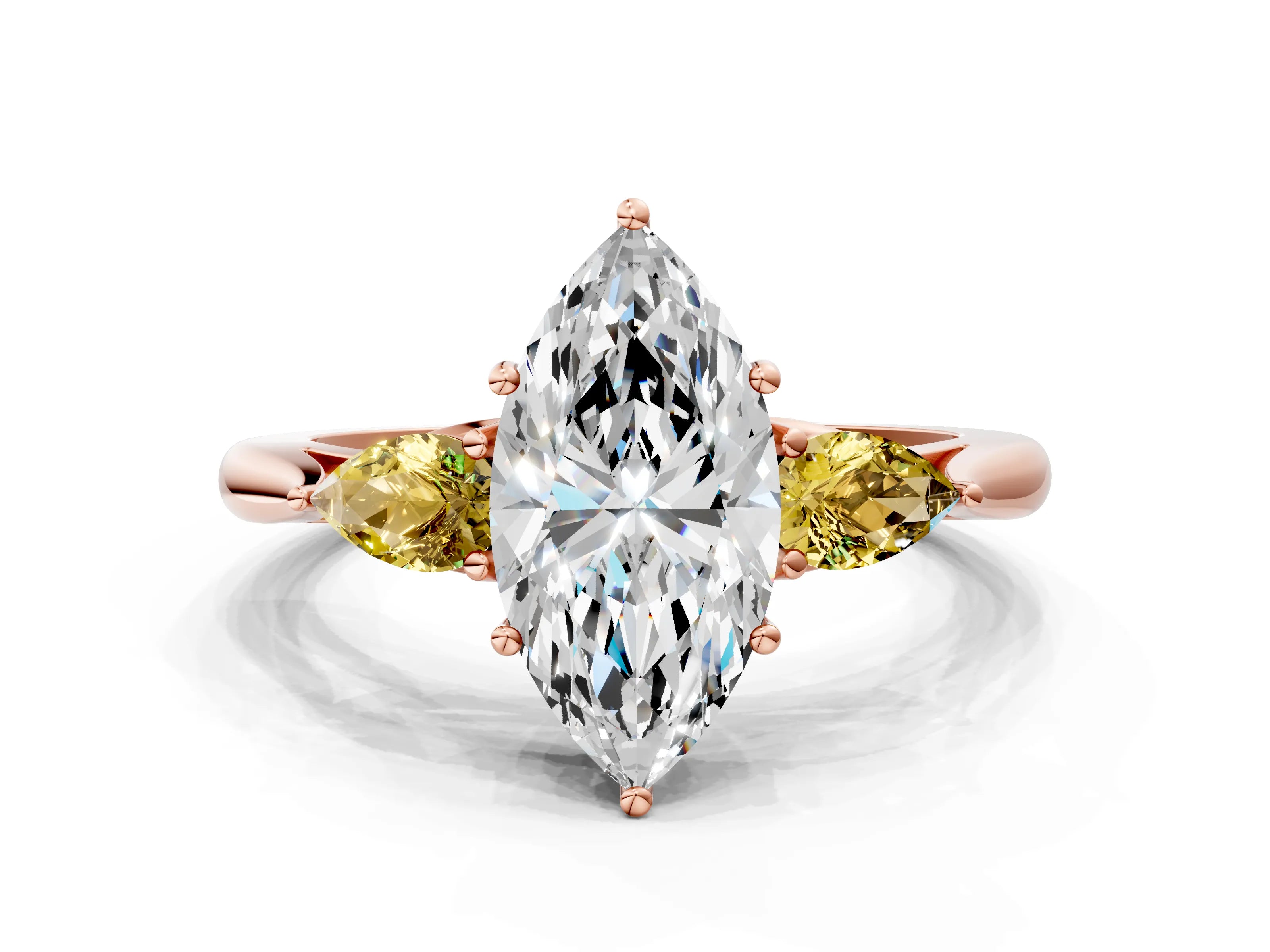 Rose gold Marquise Cut Diamond Three-Stone Ring with Pear with Yellow Sapphire side stone Side Stones and Prong Setting