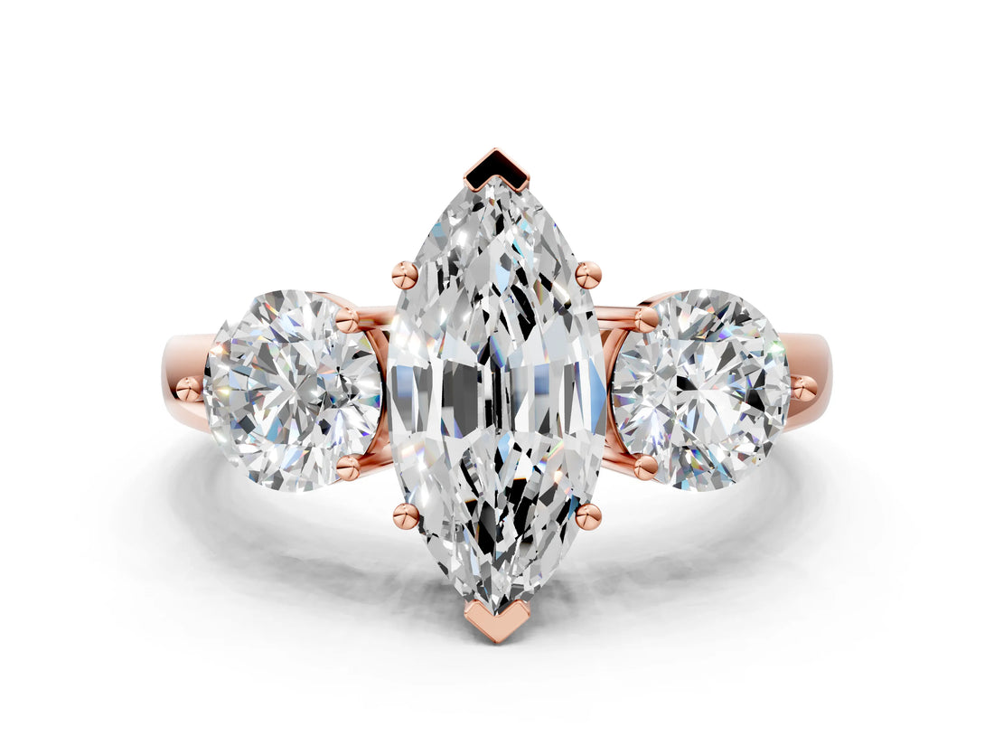 Rose gold Marquise Cut Diamond Three-Stone Ring with Prong Setting and Classic Band_110