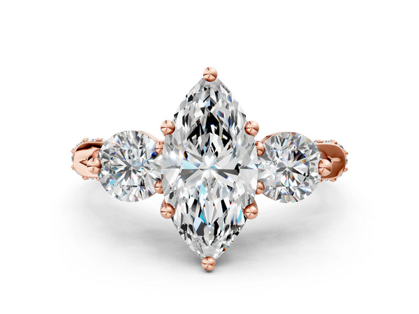 Rose gold Marquise Cut Diamond Three-Stone Ring with Prong Setting and Pavé Band