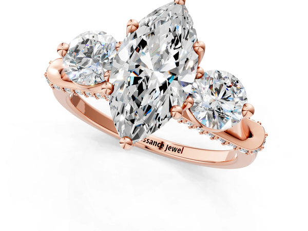 Rose gold Marquise Cut Diamond Three-Stone Ring with Prong Setting and Pavé Band