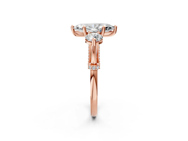 Rose gold Marquise Cut Diamond Three-Stone Ring with Prong Setting and Pavé Band
