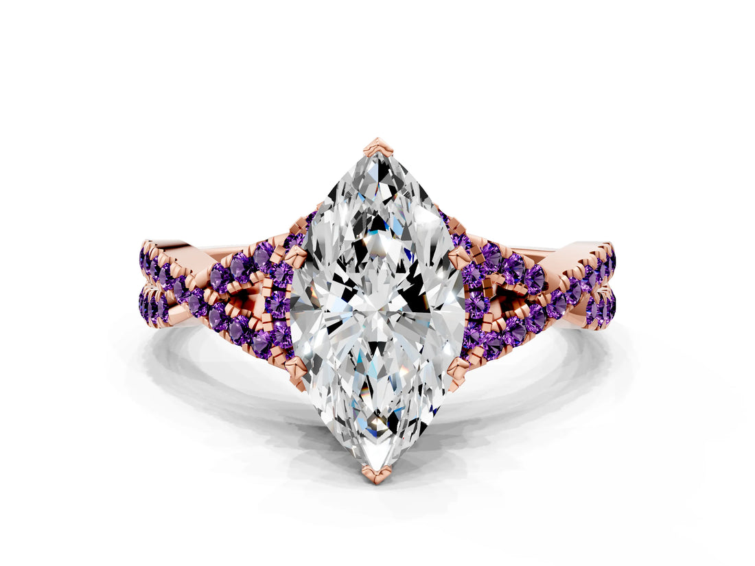 Rose gold Marquise Cut Diamond with Amethyst side stone Halo Twist Band Solitaire Prong Setting Ring_12