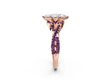 Rose gold Marquise Cut Diamond with Amethyst side stone Halo Twist Band Solitaire Prong Setting Ring_26