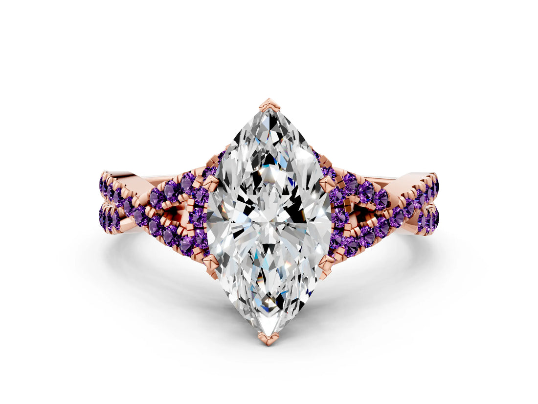 Rose gold Marquise Cut Diamond with Amethyst side stone Halo Twist Band Solitaire Prong Setting Ring_30