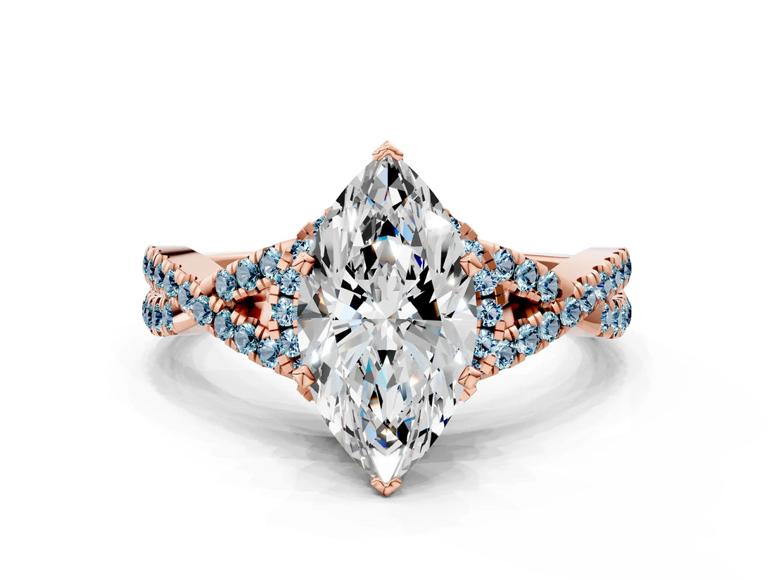 Rose gold Marquise Cut Diamond with Aquamarine side stone Halo Twist Band Solitaire Prong Setting Ring_12