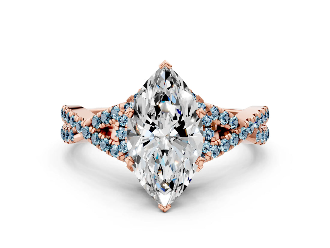 Rose gold Marquise Cut Diamond with Aquamarine side stone Halo Twist Band Solitaire Prong Setting Ring_24