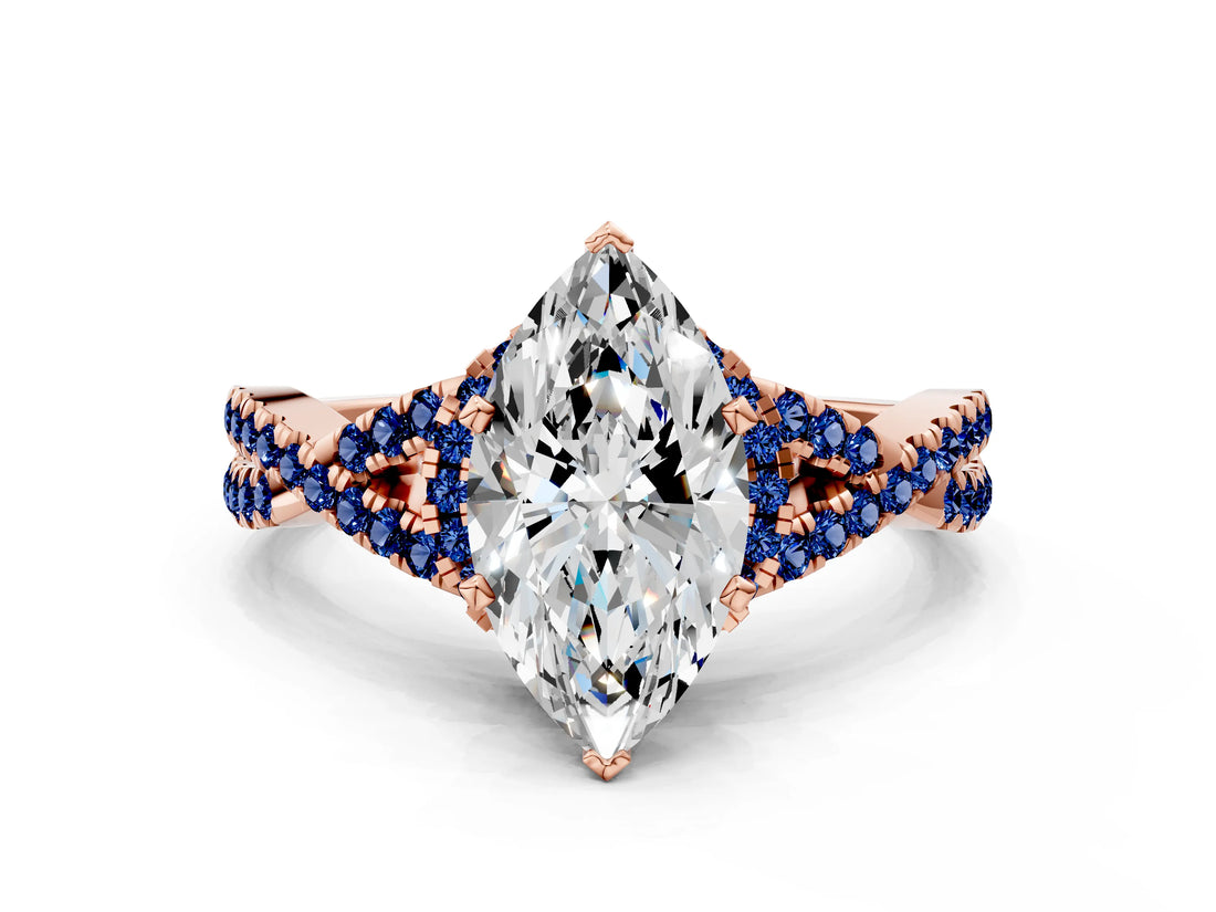 Rose gold Marquise Cut Diamond with Blue Sapphire side stone Halo Twist Band Solitaire Prong Setting Ring_12