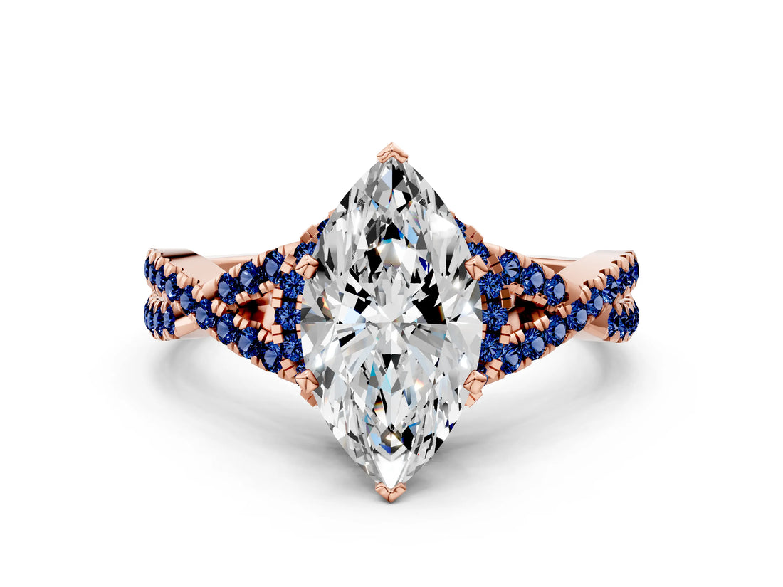 Rose gold Marquise Cut Diamond with Blue Sapphire side stone Halo Twist Band Solitaire Prong Setting Ring_48