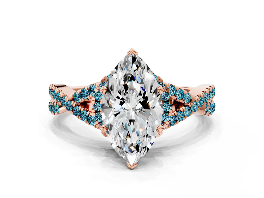 Rose gold Marquise Cut Diamond with Blue Topaz side stone Halo Twist Band Solitaire Prong Setting Ring_42