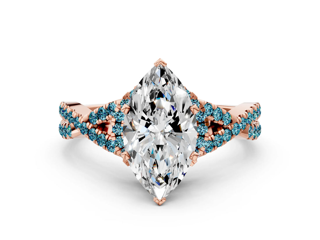 Rose gold Marquise Cut Diamond with Blue Topaz side stone Halo Twist Band Solitaire Prong Setting Ring_48