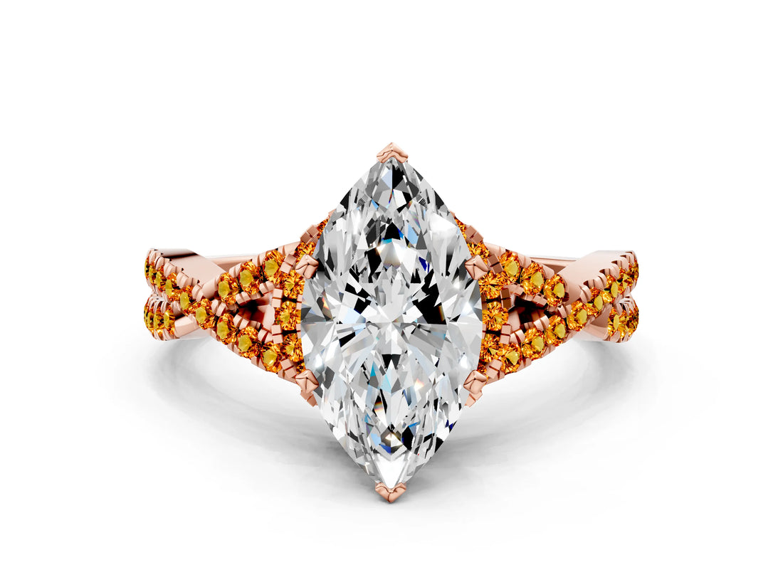Rose gold Marquise Cut Diamond with Citrine side stone Halo Twist Band Solitaire Prong Setting Ring_12