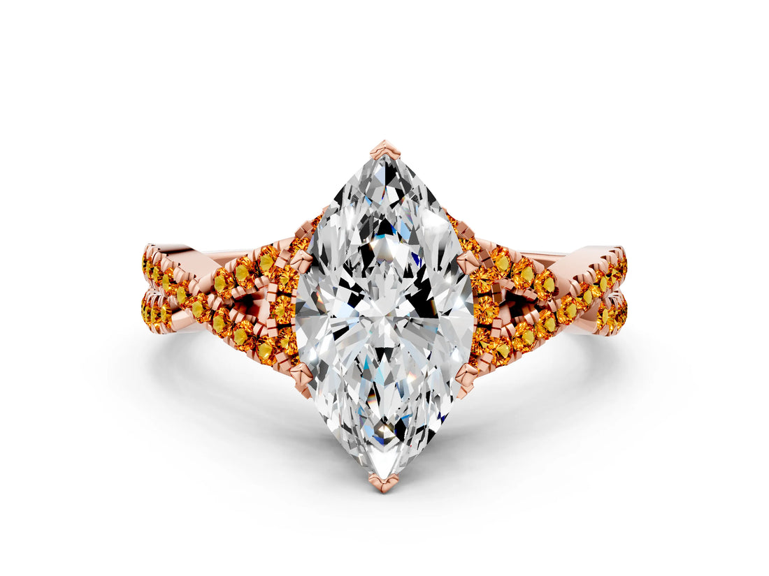 Rose gold Marquise Cut Diamond with Citrine side stone Halo Twist Band Solitaire Prong Setting Ring_30
