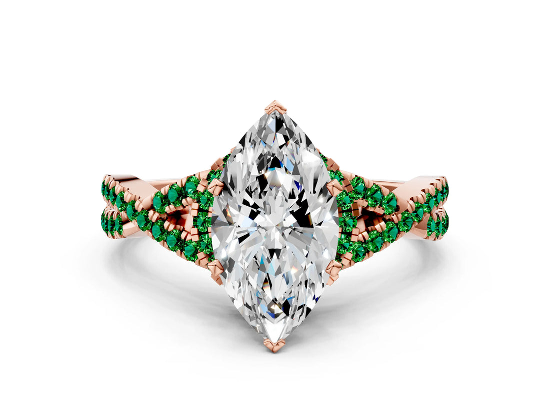Rose gold Marquise Cut Diamond with Emerald side stone Halo Twist Band Solitaire Prong Setting Ring_12