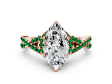 Rose gold Marquise Cut Diamond with Emerald side stone Halo Twist Band Solitaire Prong Setting Ring_12