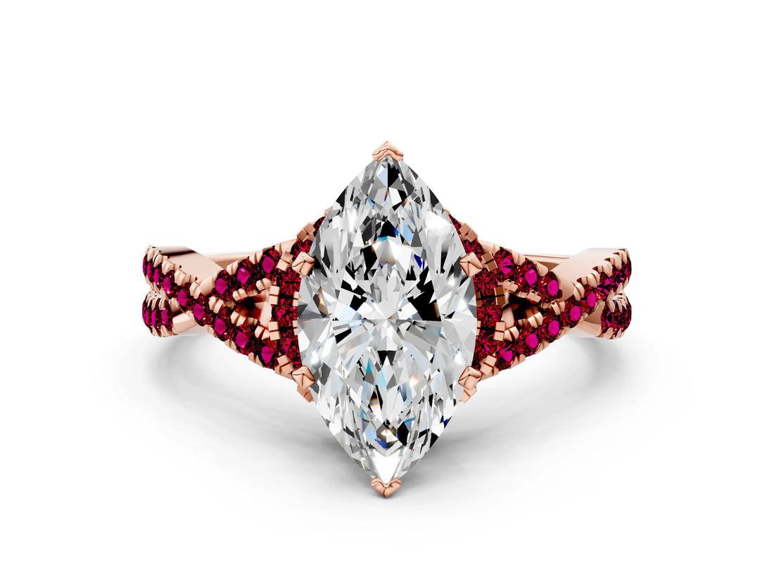 Rose gold Marquise Cut Diamond with Garnet side stone Halo Twist Band Solitaire Prong Setting Ring_30