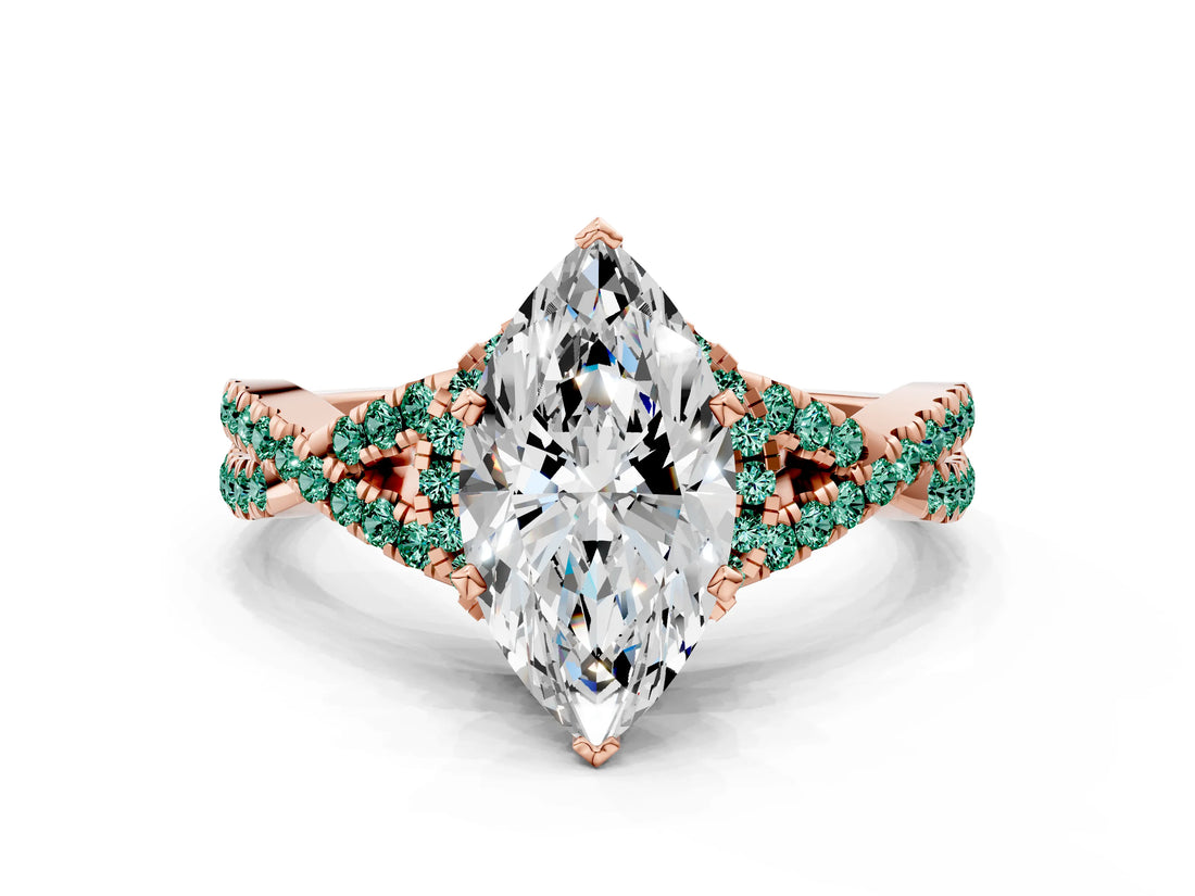 Rose gold Marquise Cut Diamond with Green Sapphire side stone Halo Twist Band Solitaire Prong Setting Ring_12