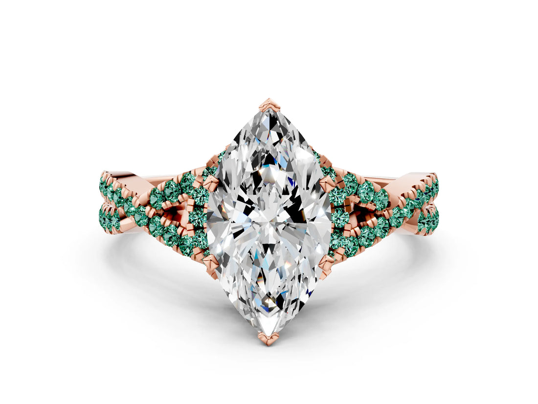 Rose gold Marquise Cut Diamond with Green Sapphire side stone Halo Twist Band Solitaire Prong Setting Ring_30