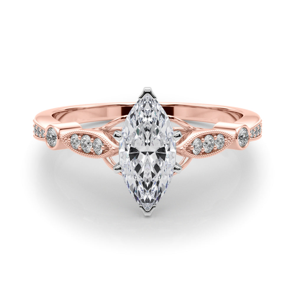 Rose gold Marquise Cut Diamond with Milgrain Marquise and Bezel Accents on a Solitaire Band with Prong Setting 1