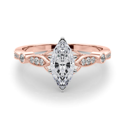 Rose gold Marquise Cut Diamond with Milgrain Marquise and Bezel Accents on a Solitaire Band with Prong Setting 1