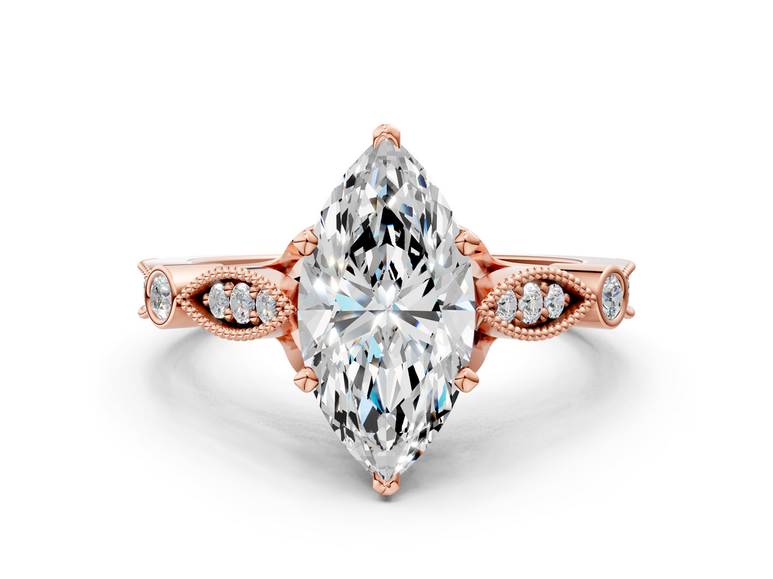 Rose gold Marquise Cut Diamond with Milgrain Marquise and Bezel Accents on a Solitaire Band with Prong Setting_200