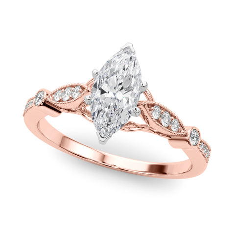 Rose gold Marquise Cut Diamond with Milgrain Marquise and Bezel Accents on a Solitaire Band with Prong Setting