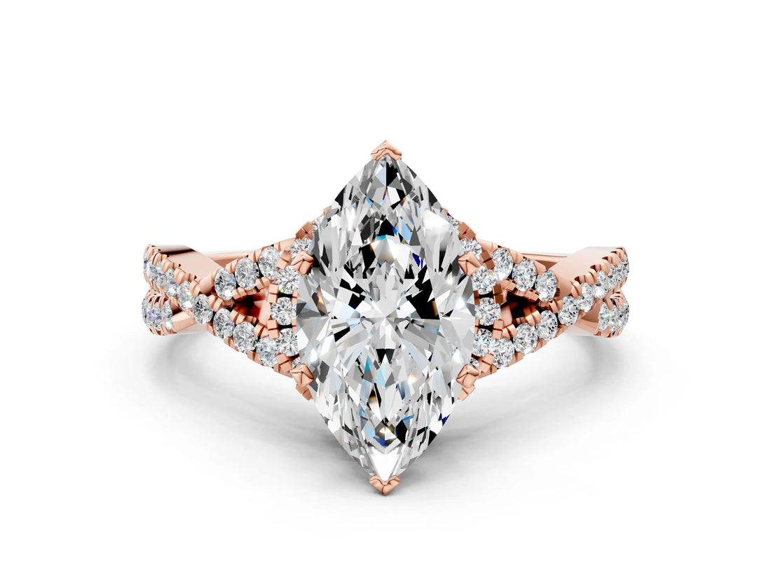 Rose gold Marquise Cut Diamond with Moissanite side stone Halo Twist Band Solitaire Prong Setting Ring_12