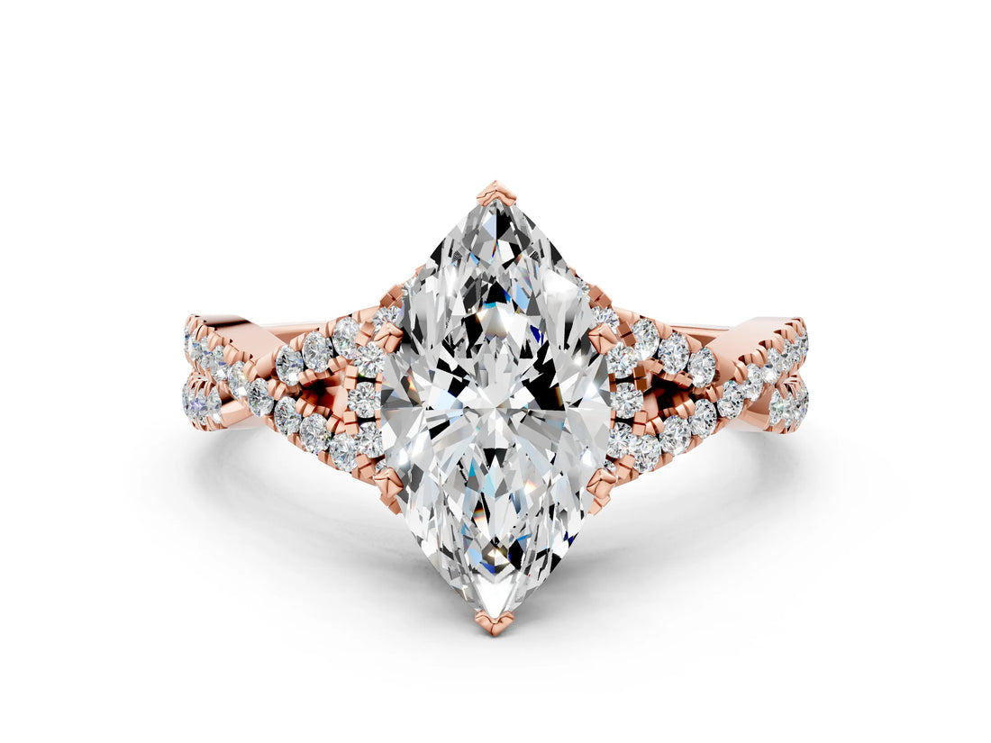 Rose gold Marquise Cut Diamond with Moissanite side stone Halo Twist Band Solitaire Prong Setting Ring_24